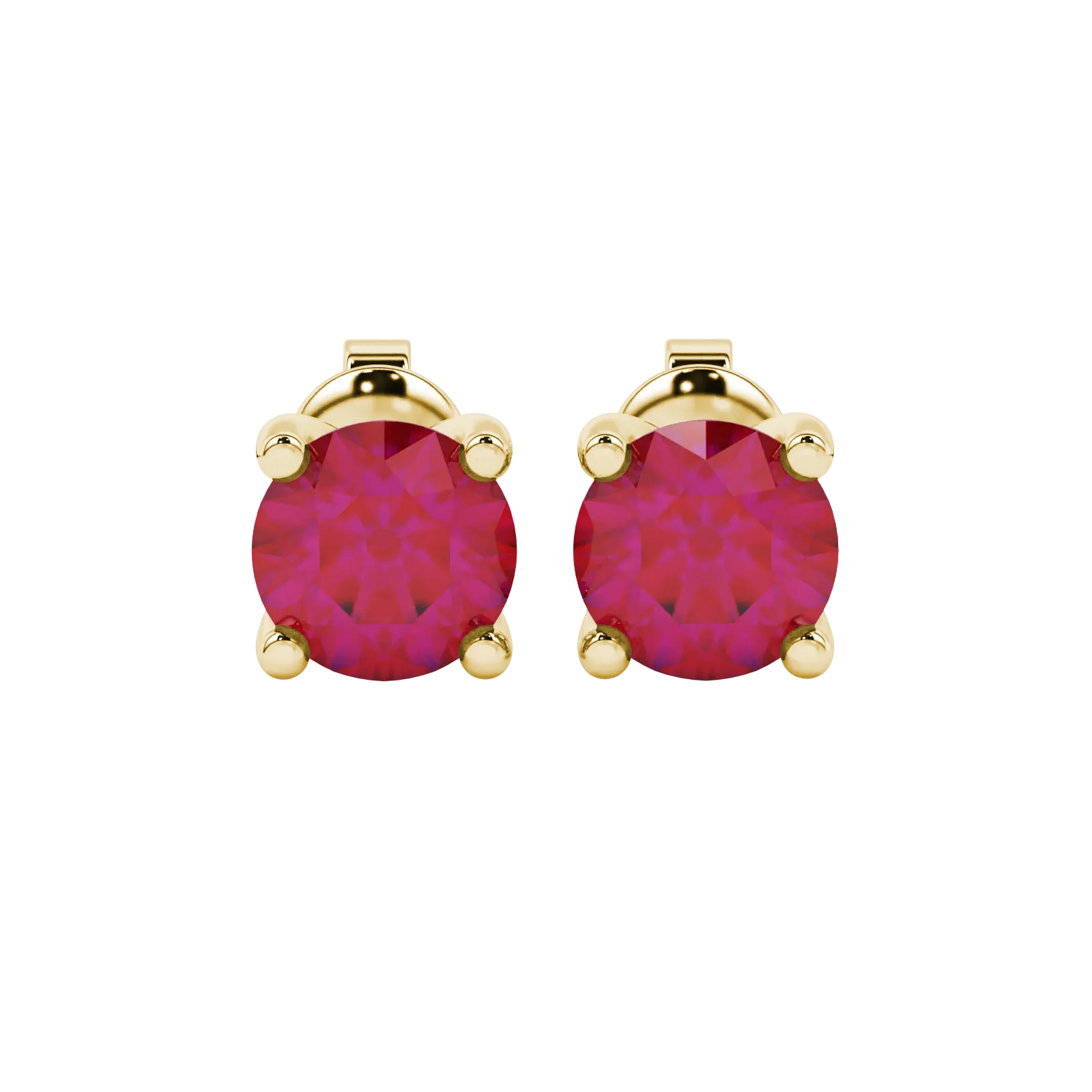 Round-cut raspberry red gemstone stud earrings in a yellow gold surprise diamond setting.