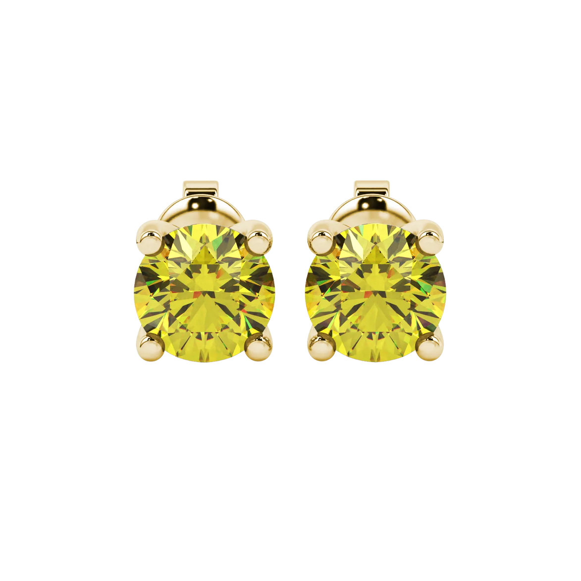 Round-cut canary yellow gemstone stud earrings in a yellow gold surprise diamond setting.