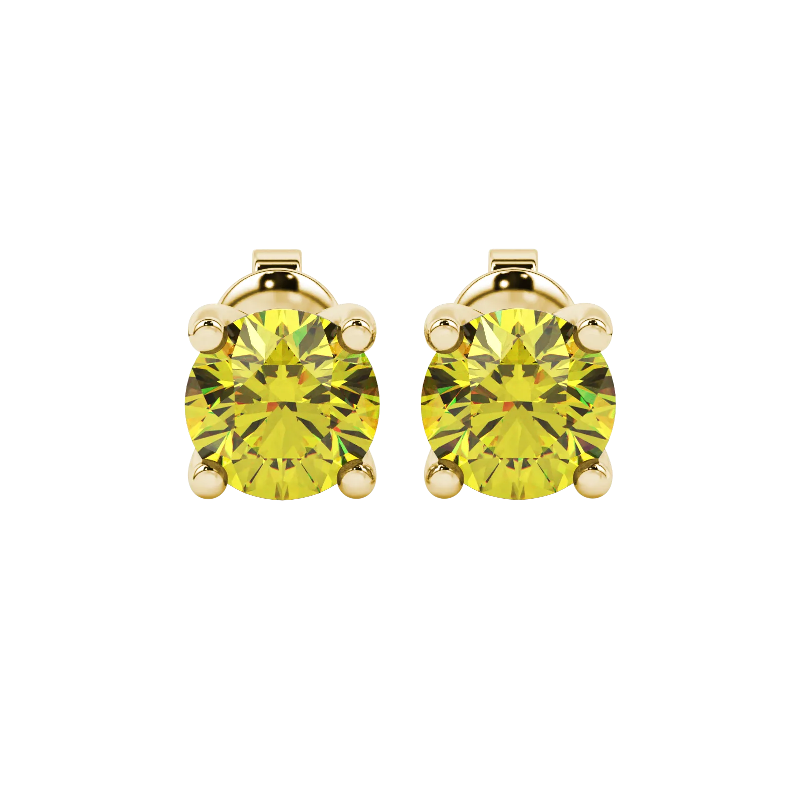 Round-cut canary yellow gemstone stud earrings in a yellow gold surprise diamond setting.