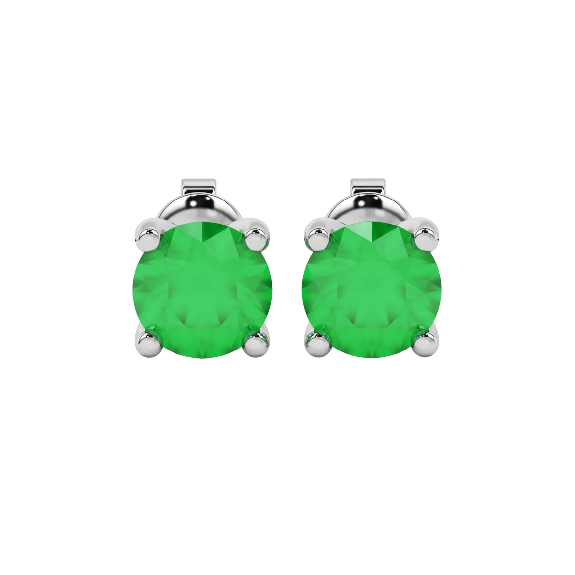 Round-cut emerald green gemstone stud earrings in a white gold surprise diamond setting.