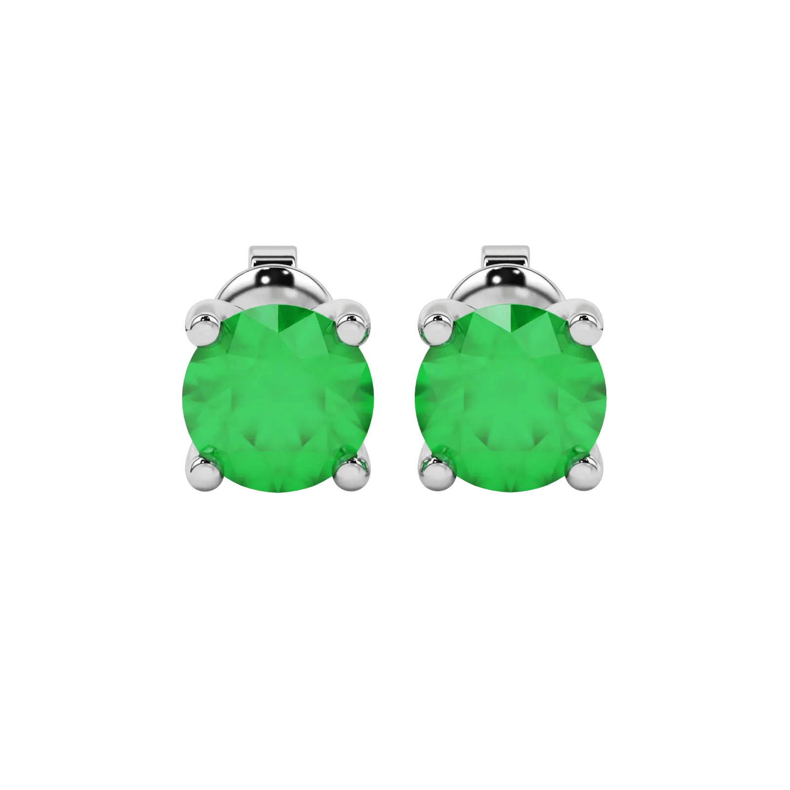 Round-cut emerald green gemstone stud earrings in a white gold surprise diamond setting.