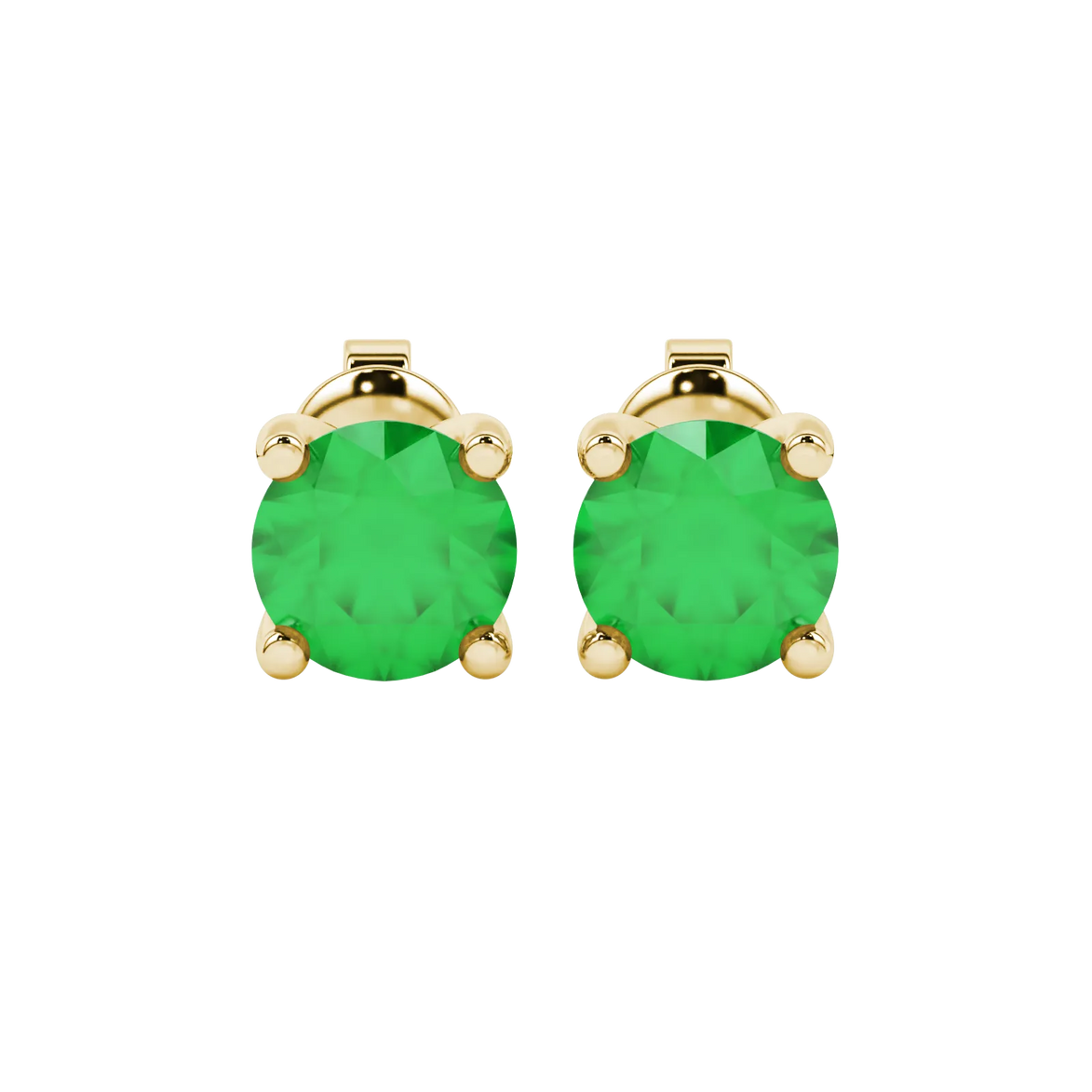 Round-cut emerald green gemstone stud earrings in a yellow gold surprise diamond setting.