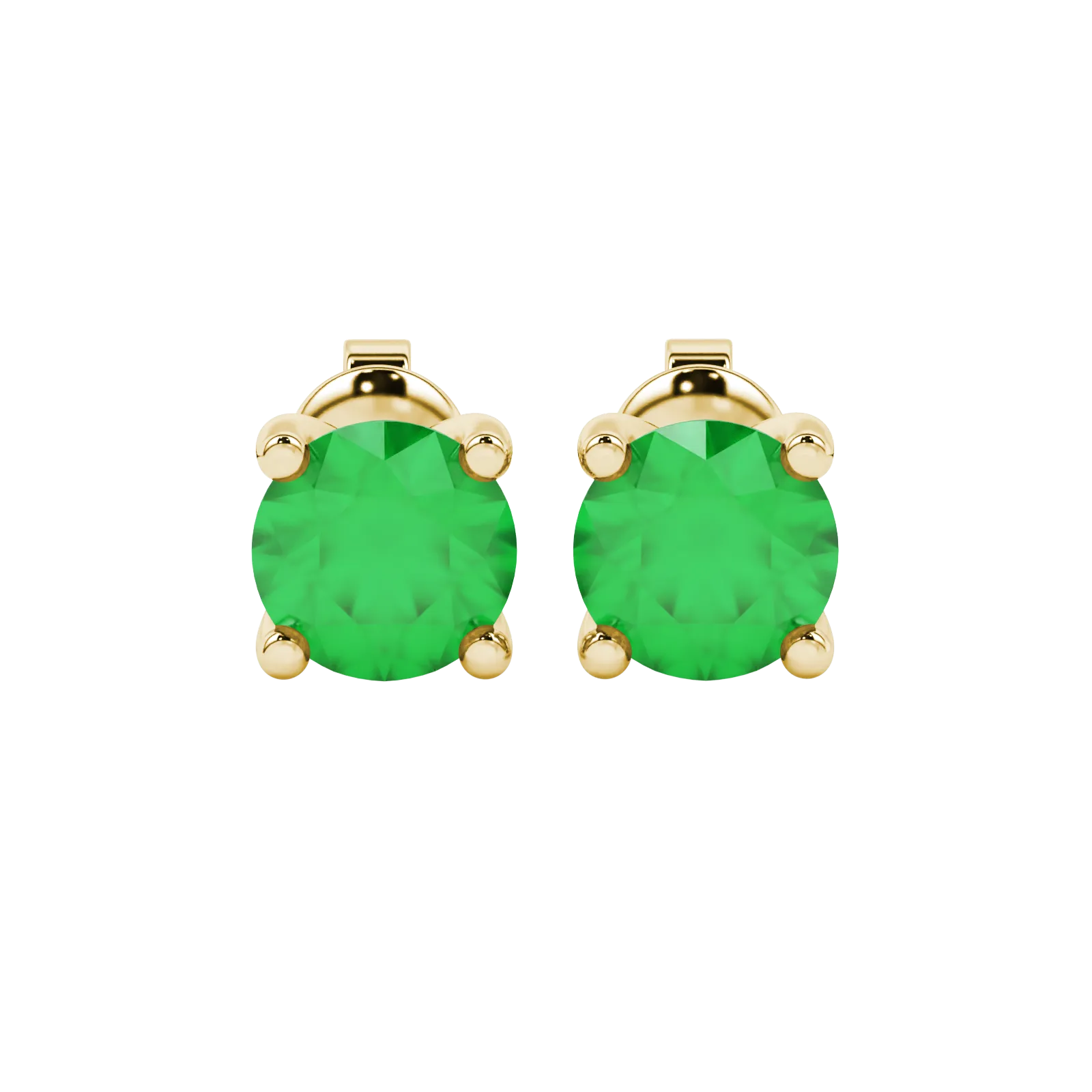 Round-cut emerald green gemstone stud earrings in a yellow gold surprise diamond setting.