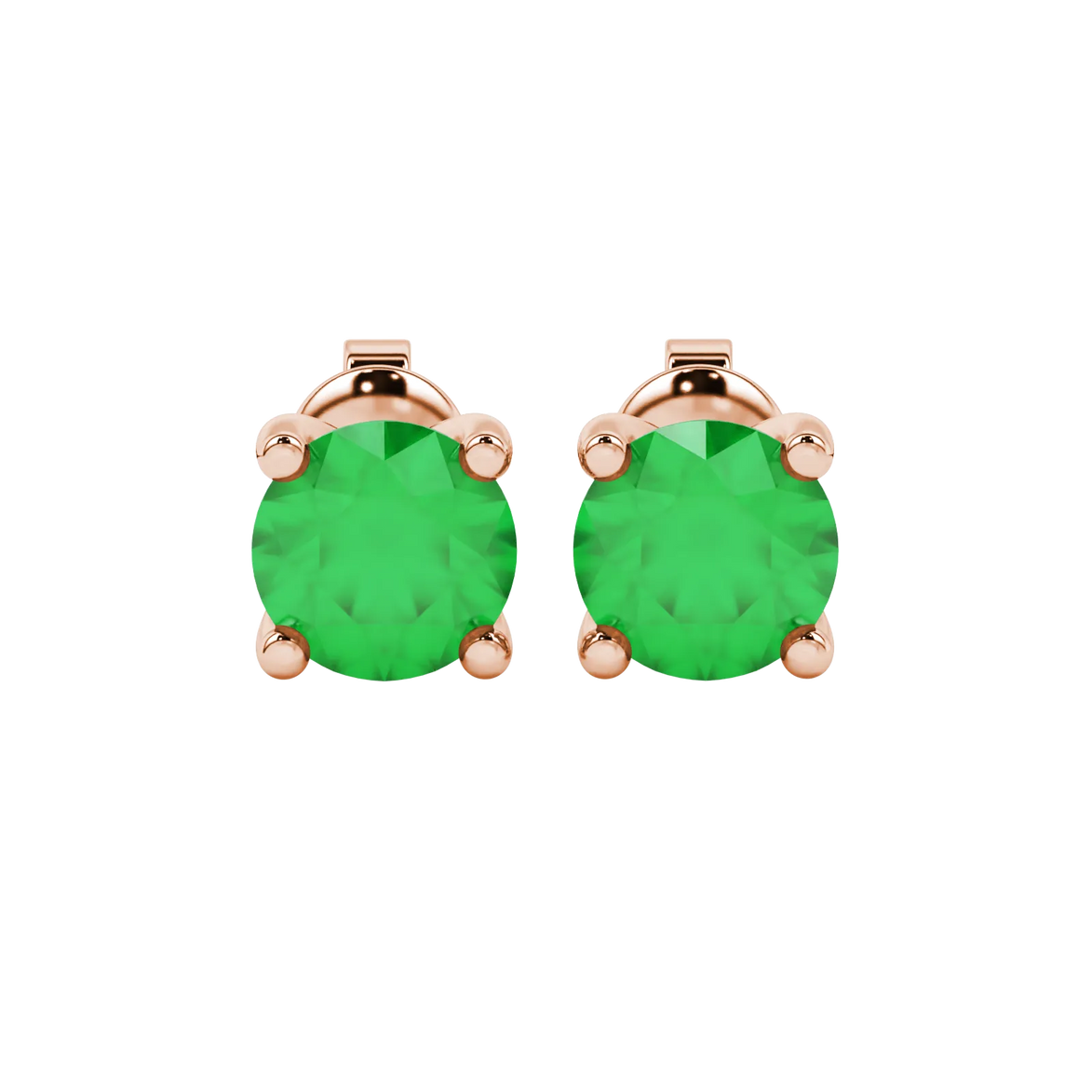 Round-cut emerald green gemstone stud earrings in a rose gold surprise diamond setting.