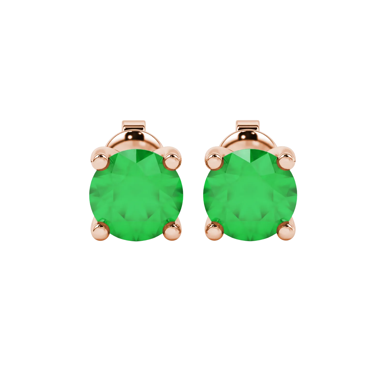 Round-cut emerald green gemstone stud earrings in a rose gold surprise diamond setting.