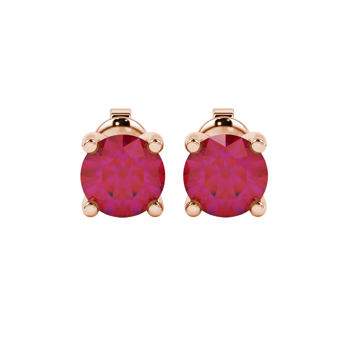 Round-cut raspberry red gemstone stud earrings in a rose gold surprise diamond setting.