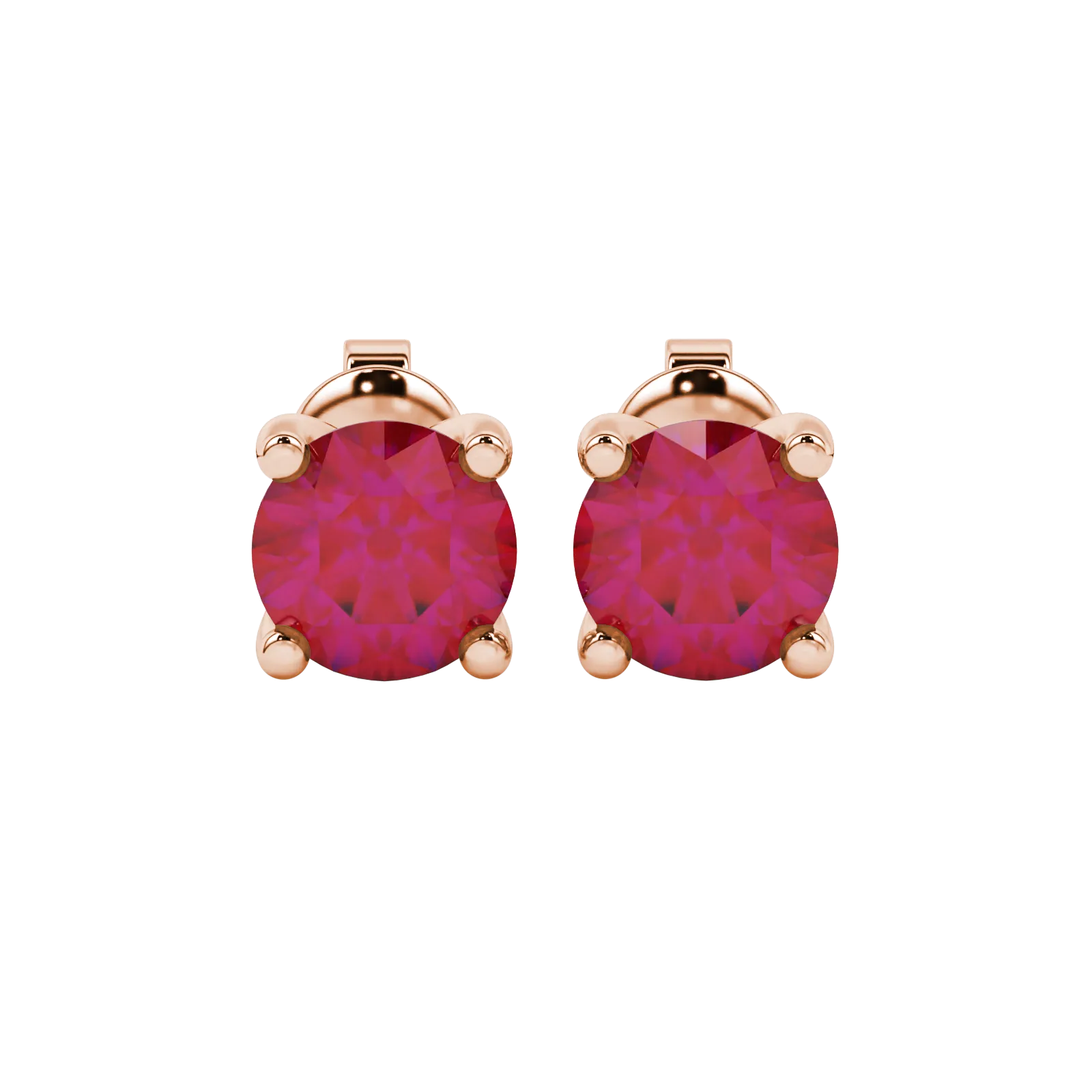 Round-cut raspberry red gemstone stud earrings in a rose gold surprise diamond setting.