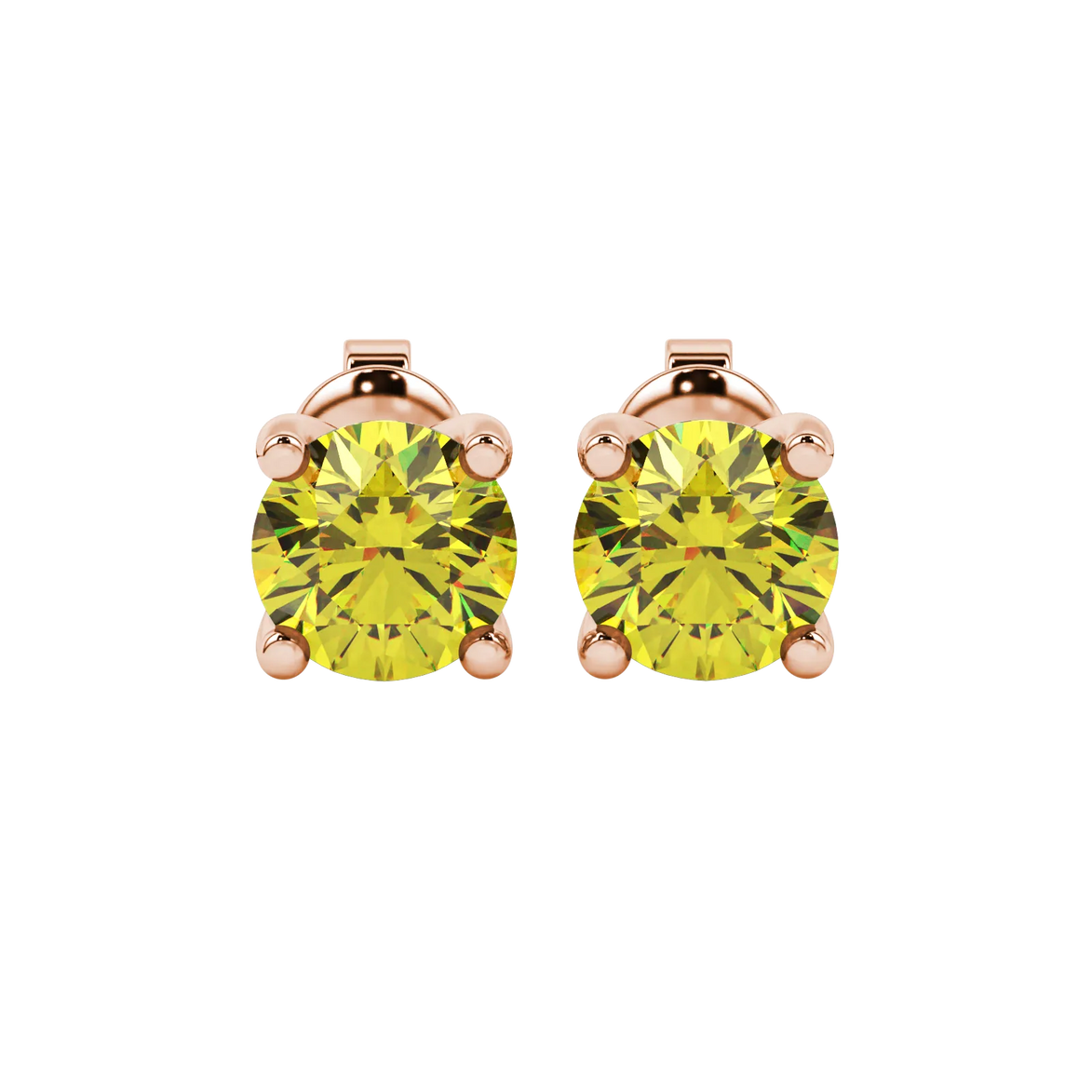 Round-cut canary yellow gemstone stud earrings in a rose gold surprise diamond setting.