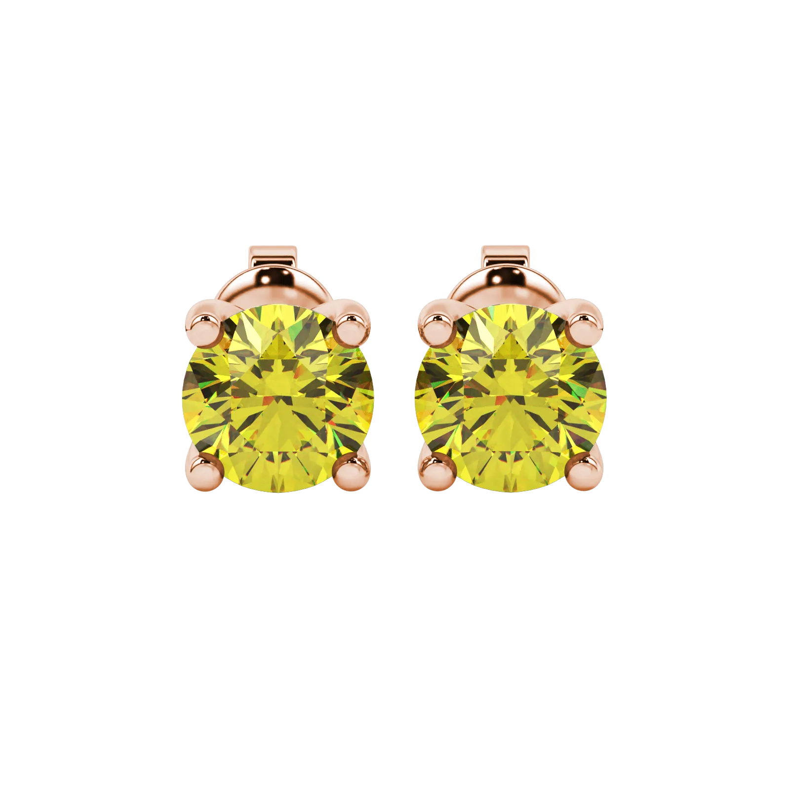 Round-cut canary yellow gemstone stud earrings in a rose gold surprise diamond setting.