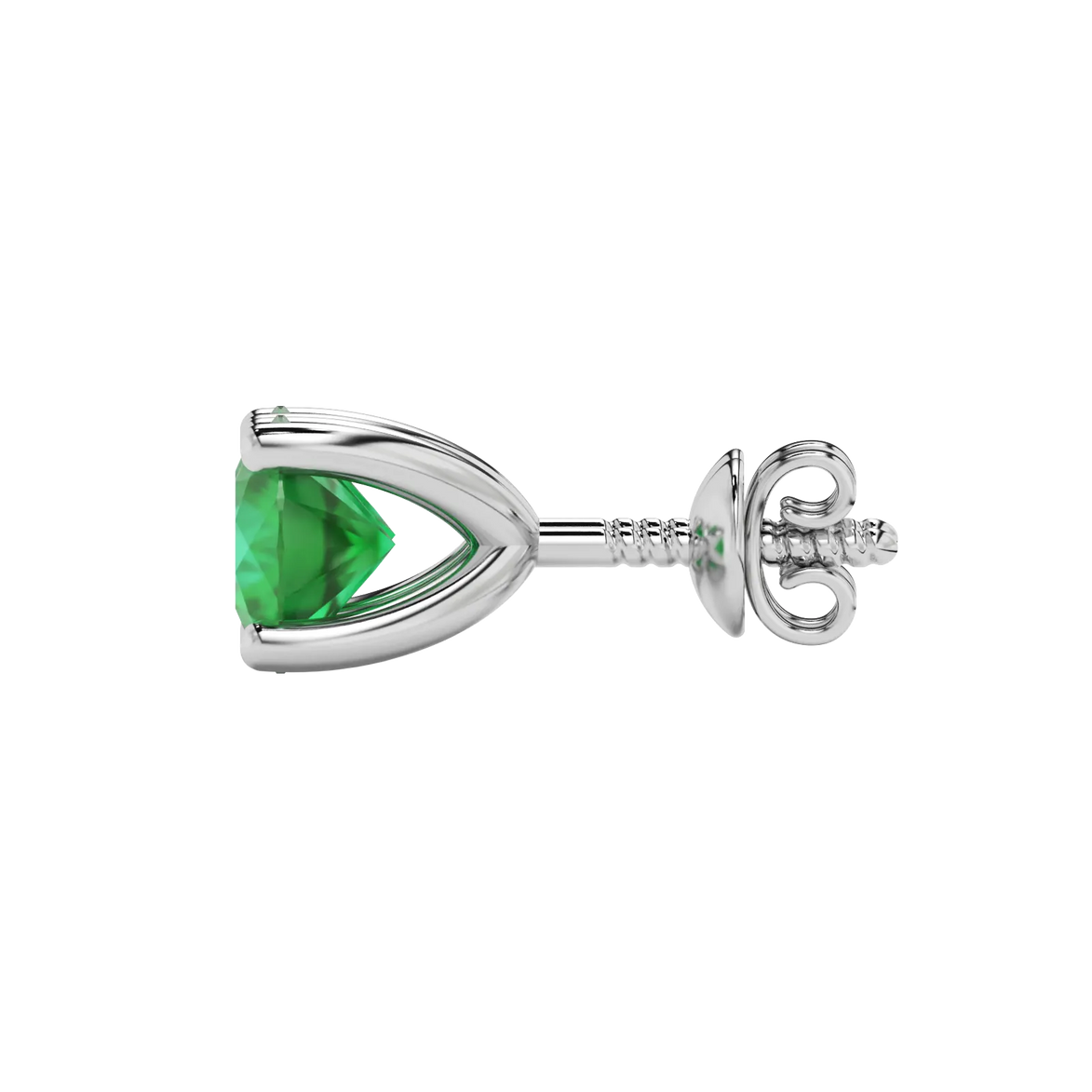 Side view of white gold emerald green gemstone stud earrings featuring a clean surprise diamond gallery.