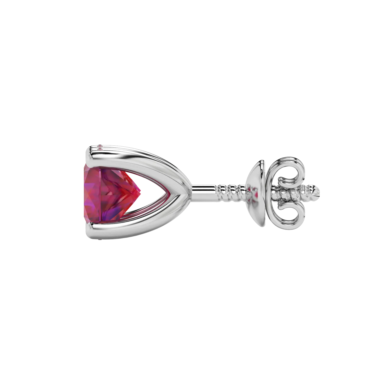 Side angle of white gold raspberry red gemstone stud earrings highlighting the surprise diamond gallery.