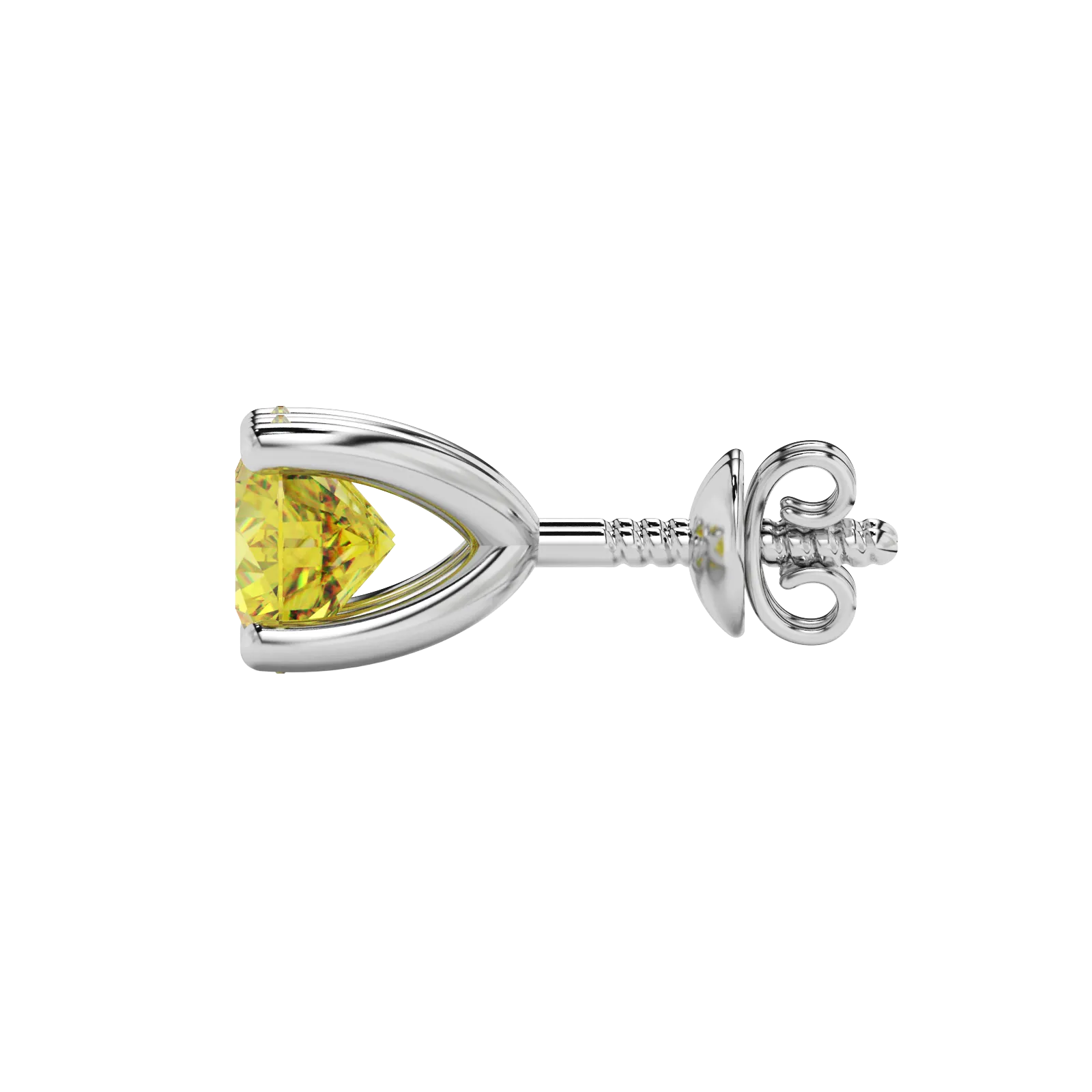 Side profile of white gold canary yellow gemstone earrings showing the surprise diamond design.