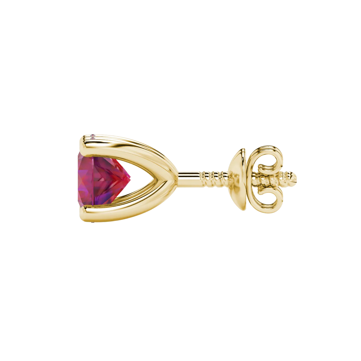Side view of yellow gold raspberry red gemstone stud earrings with a detailed surprise diamond design.