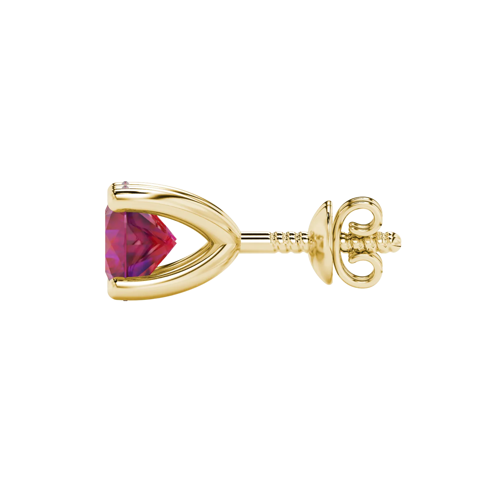 Side view of yellow gold raspberry red gemstone stud earrings with a detailed surprise diamond design.