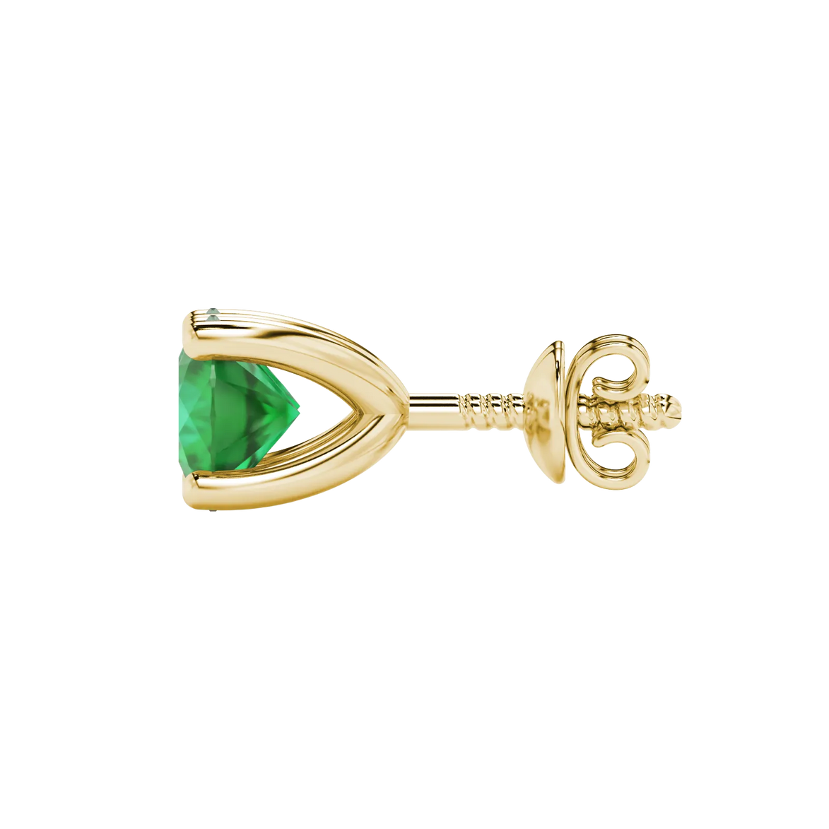 Side profile of yellow gold emerald green gemstone stud earrings with a surprise diamond design.