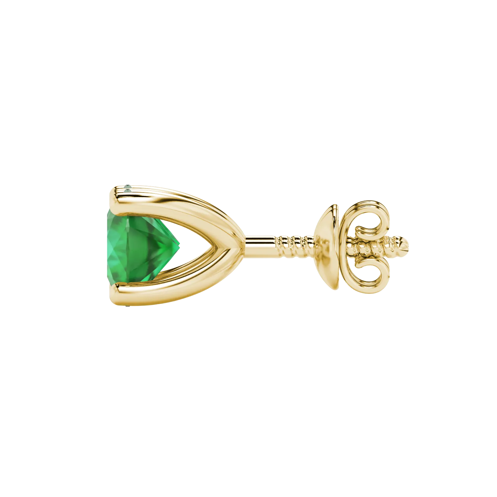 Side profile of yellow gold emerald green gemstone stud earrings with a surprise diamond design.
