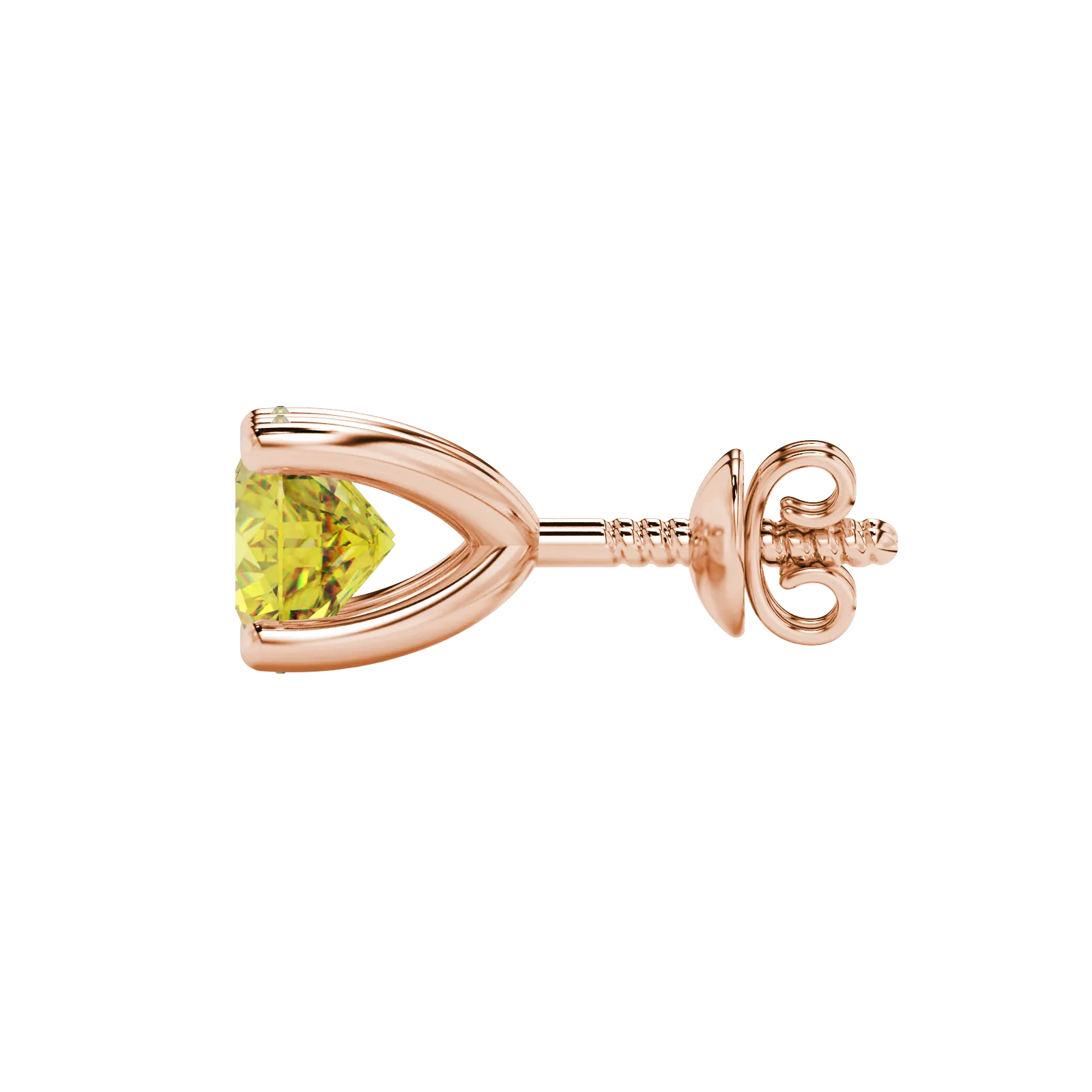Side view of rose gold canary yellow gemstone stud earrings highlighting the surprise diamond detail.