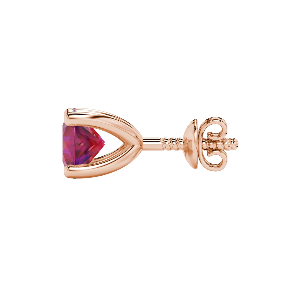Side profile of rose gold raspberry red gemstone stud earrings showcasing the hidden surprise diamond detail.
