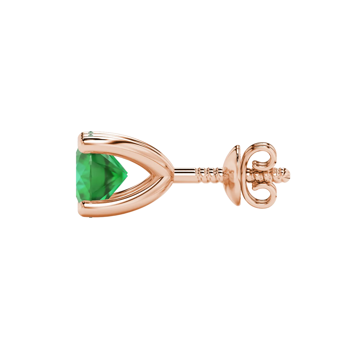 Side angle of rose gold emerald green gemstone earrings showcasing the surprise diamond setting.