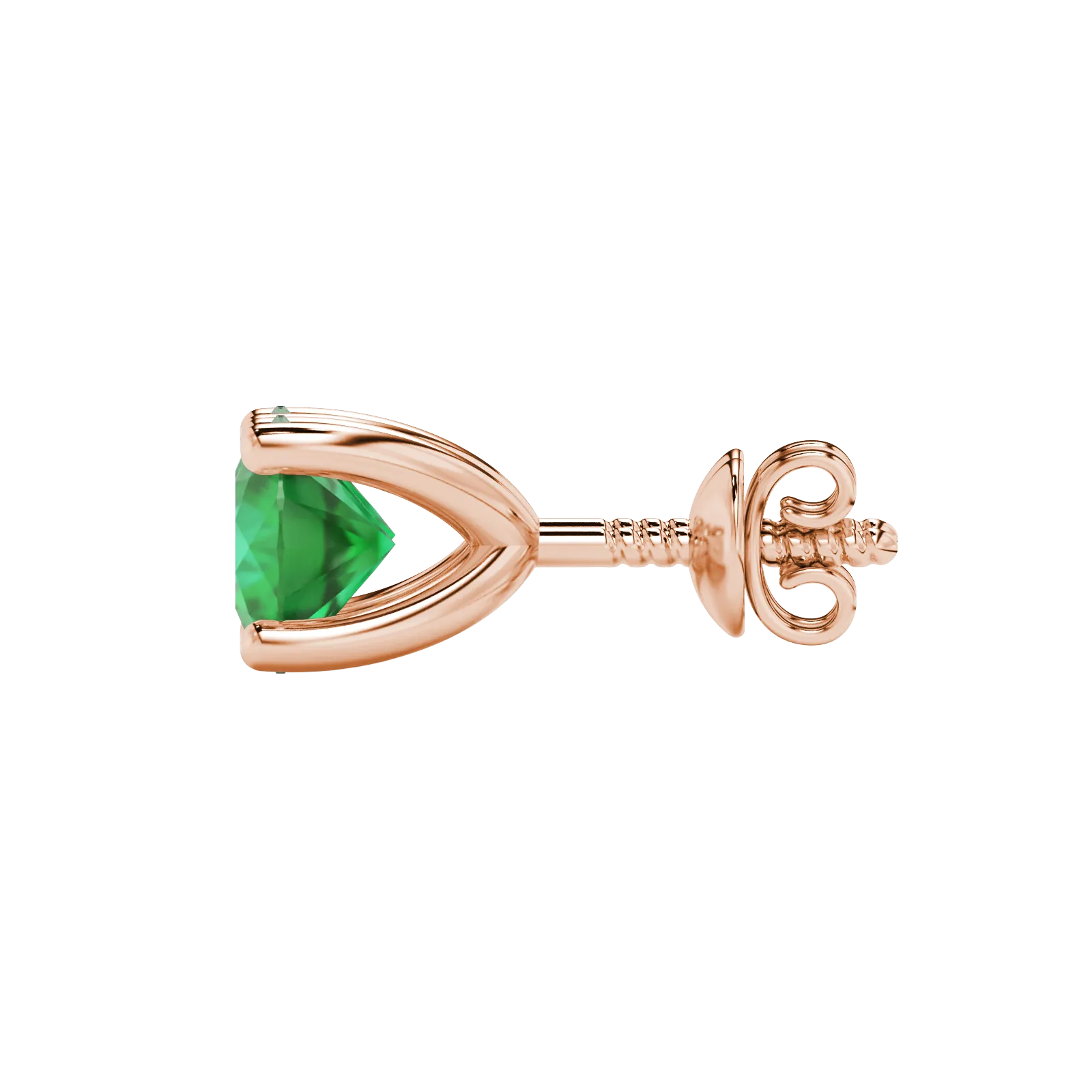 Side angle of rose gold emerald green gemstone earrings showcasing the surprise diamond setting.