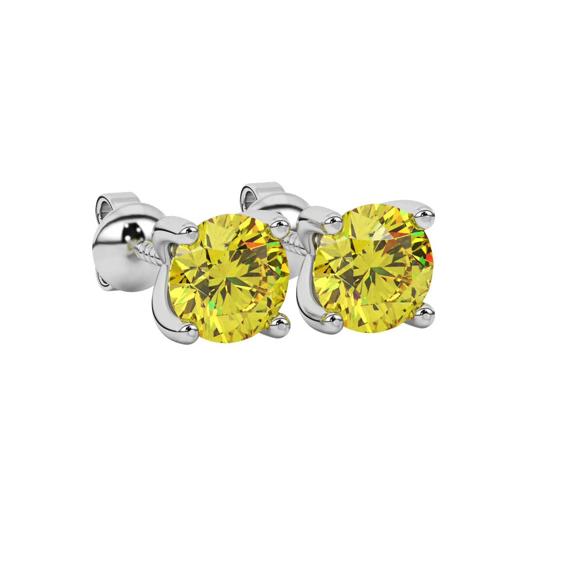 Close-up shot of a round-cut canary yellow gemstone in a white gold surprise diamond setting