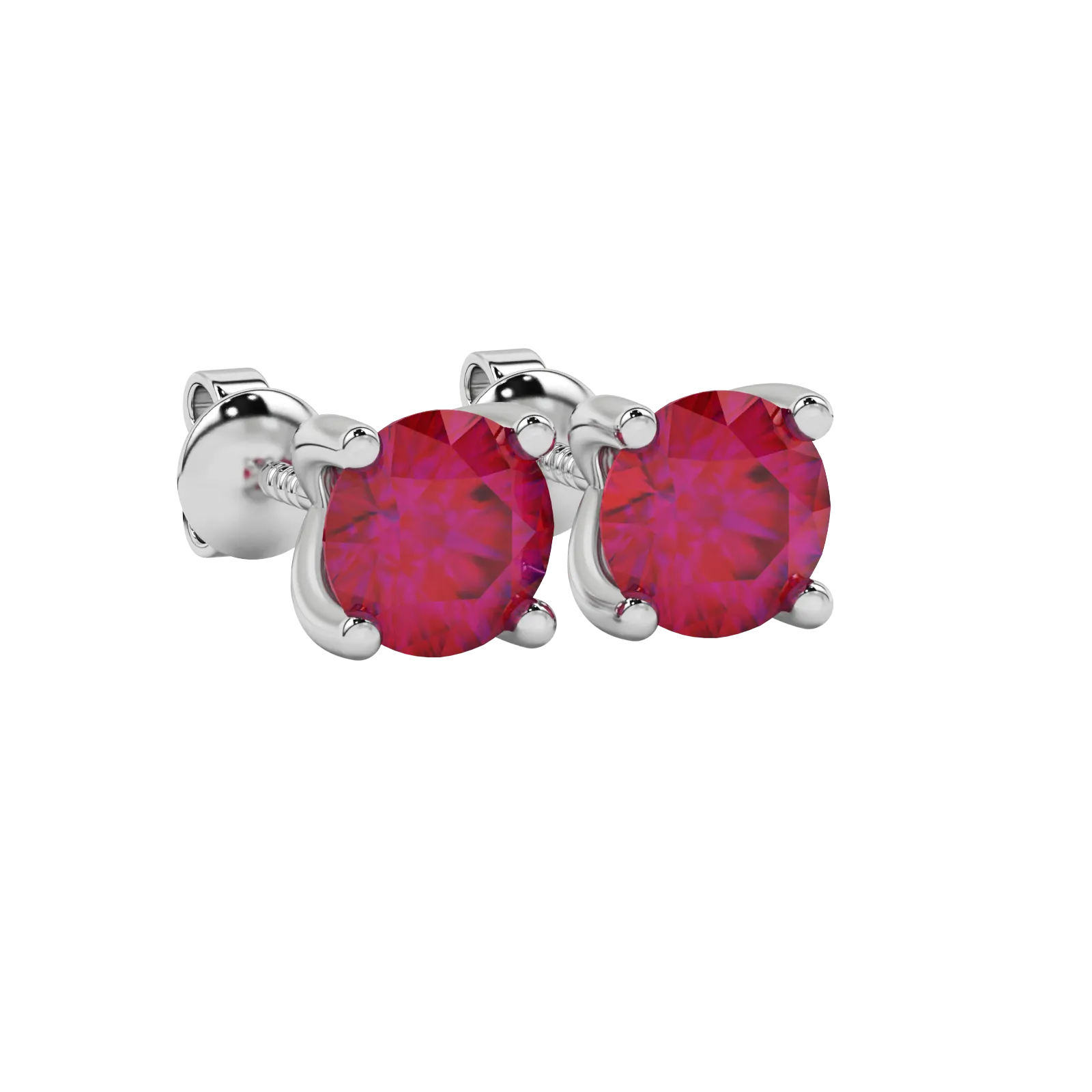 Close-up details of a round raspberry red gemstone secured in a white gold surprise diamond setting.
