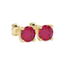 close-up of a round-cut raspberry red gemstone surrounded by a yellow gold surprise diamond setting.