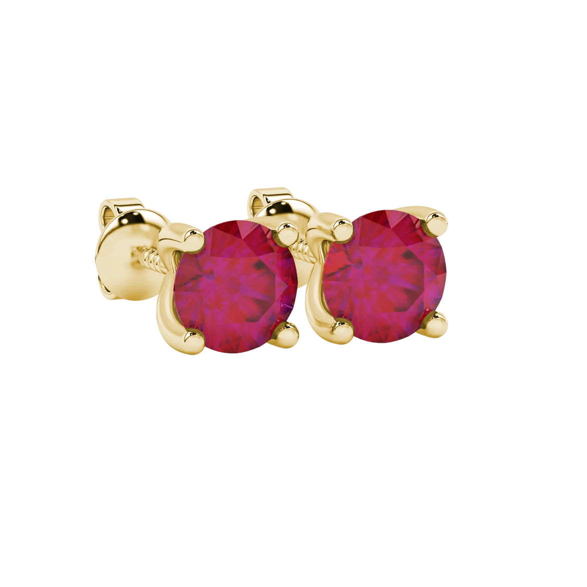 close-up of a round-cut raspberry red gemstone surrounded by a yellow gold surprise diamond setting.