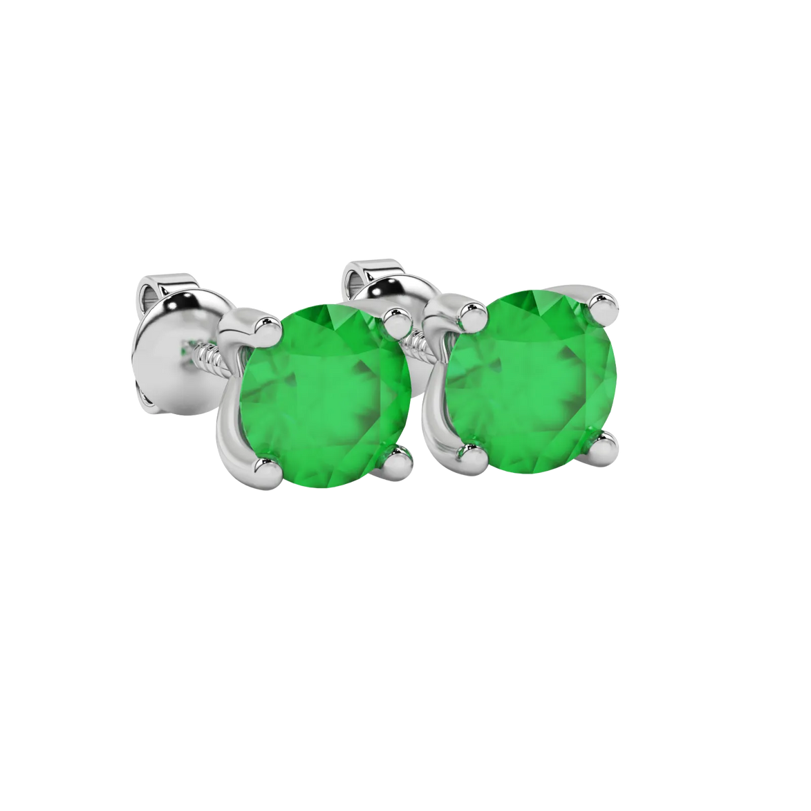 close-up of a round emerald green gemstone enclosed in a white gold surprise diamond setting.