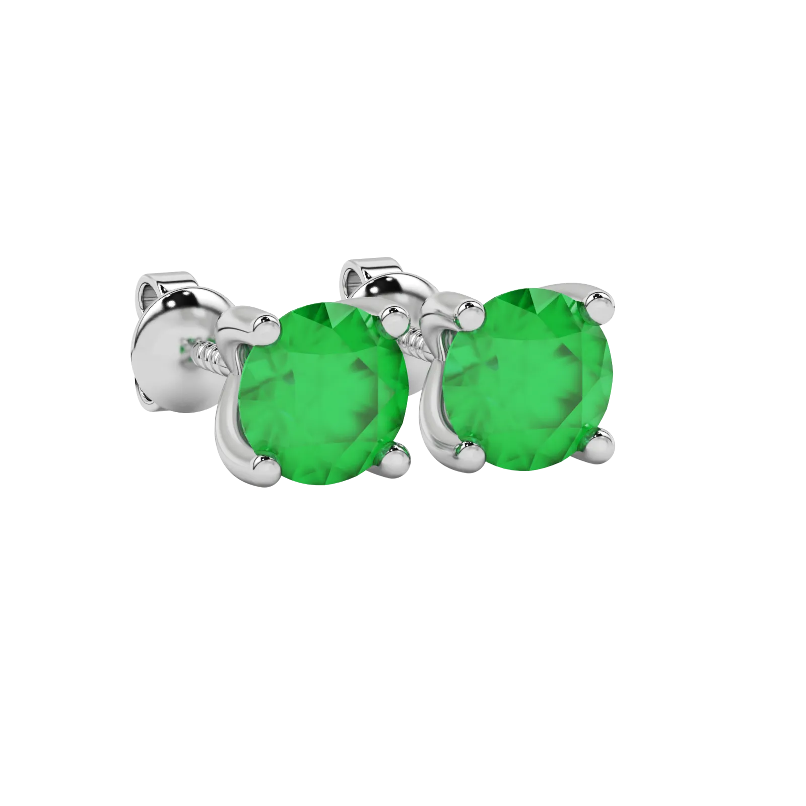 close-up of a round emerald green gemstone enclosed in a white gold surprise diamond setting.