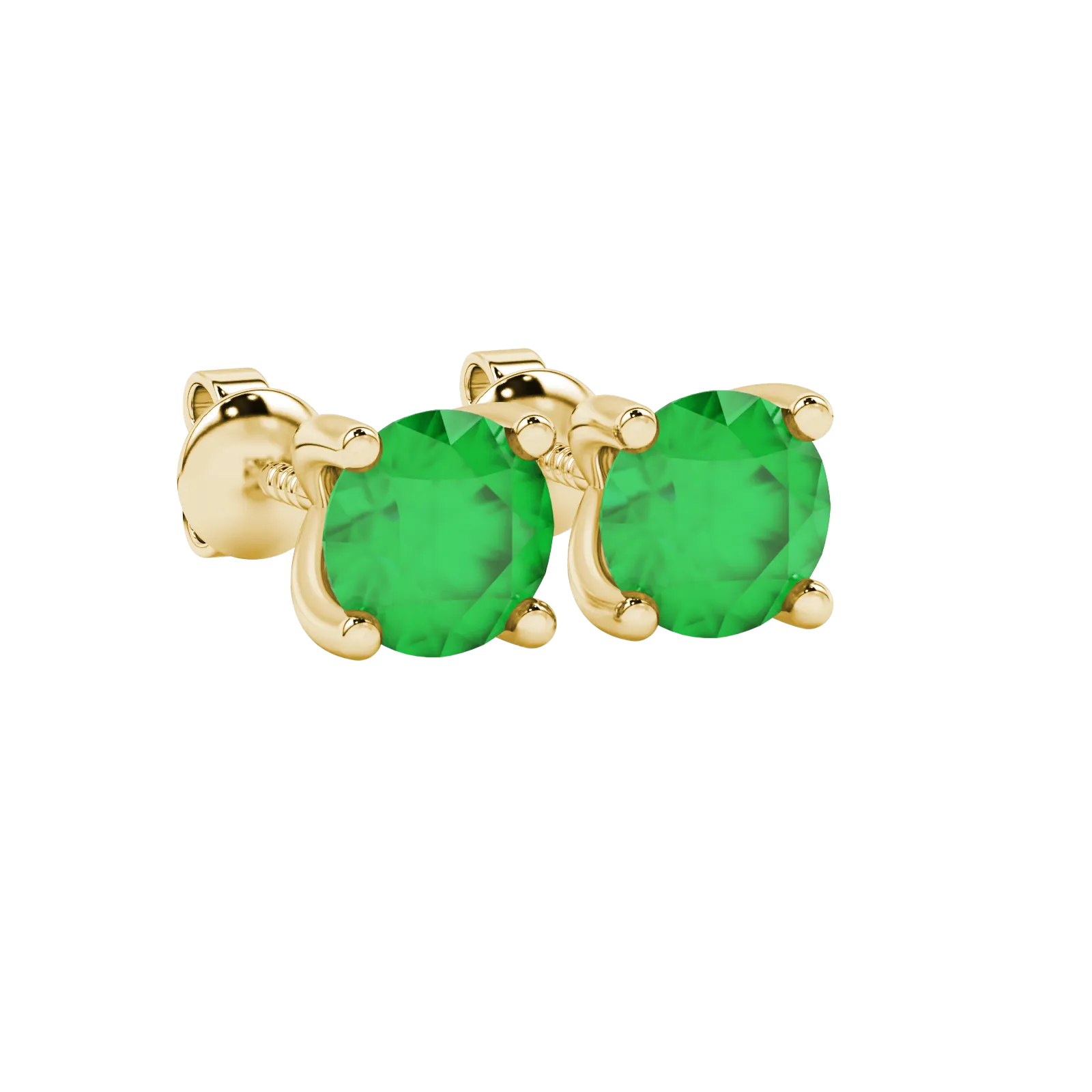 Close-up details of a round-cut emerald green gemstone in a yellow gold surprise diamond setting.