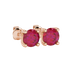 Close-up shot of round raspberry red gemstone earrings with a rose gold surprise diamond setting design.