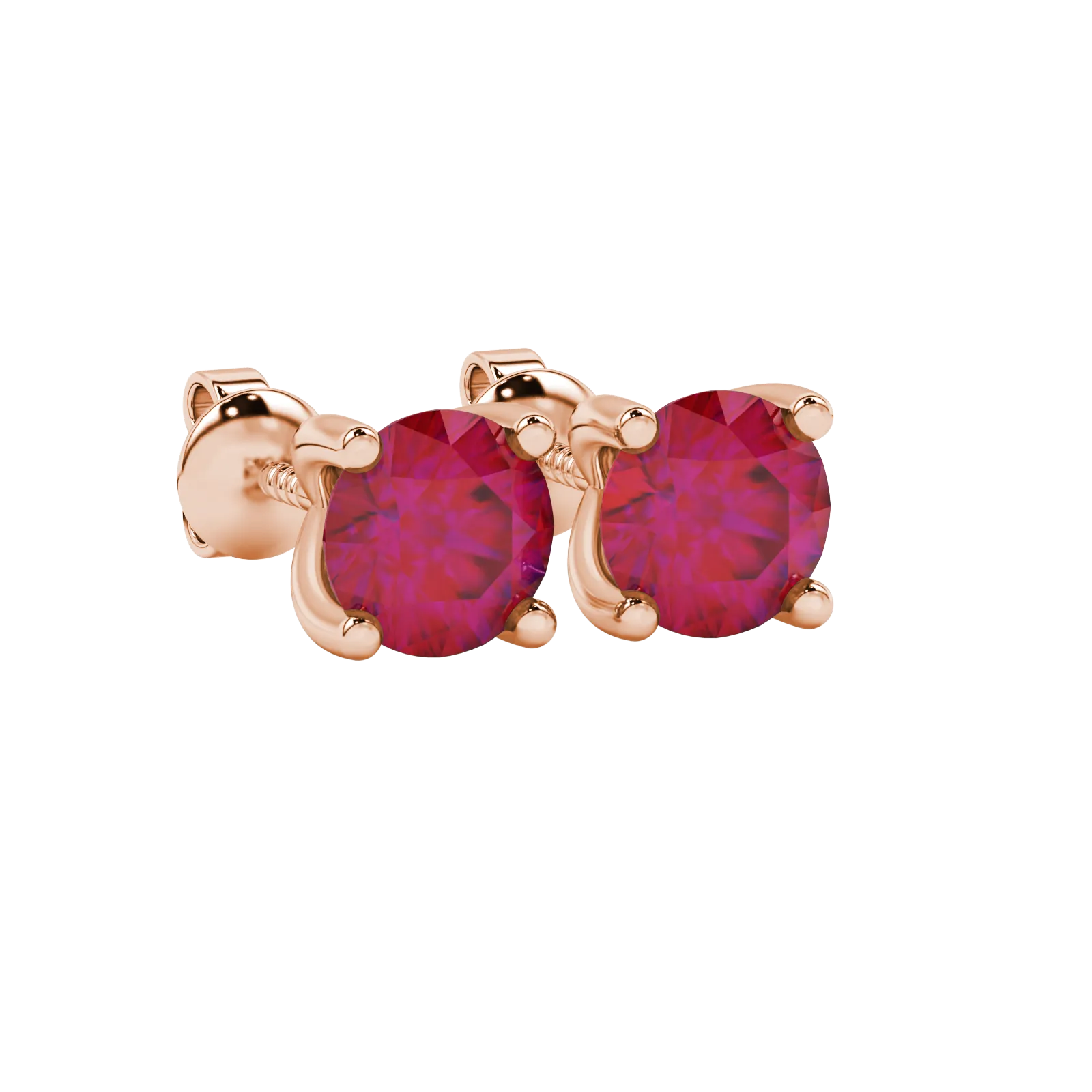 Close-up shot of round raspberry red gemstone earrings with a rose gold surprise diamond setting design.