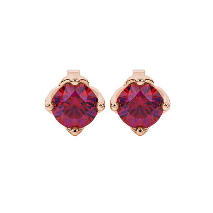 Round-cut raspberry red gemstone stud earrings in a rose gold tulip basket setting.