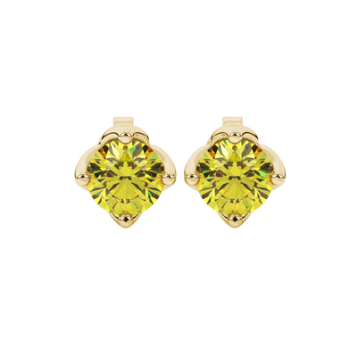 Round-cut canary yellow gemstone stud earrings in a yellow gold tulip basket setting.