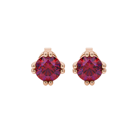 Round-cut raspberry red gemstone stud earrings in a rose gold vintage basket setting