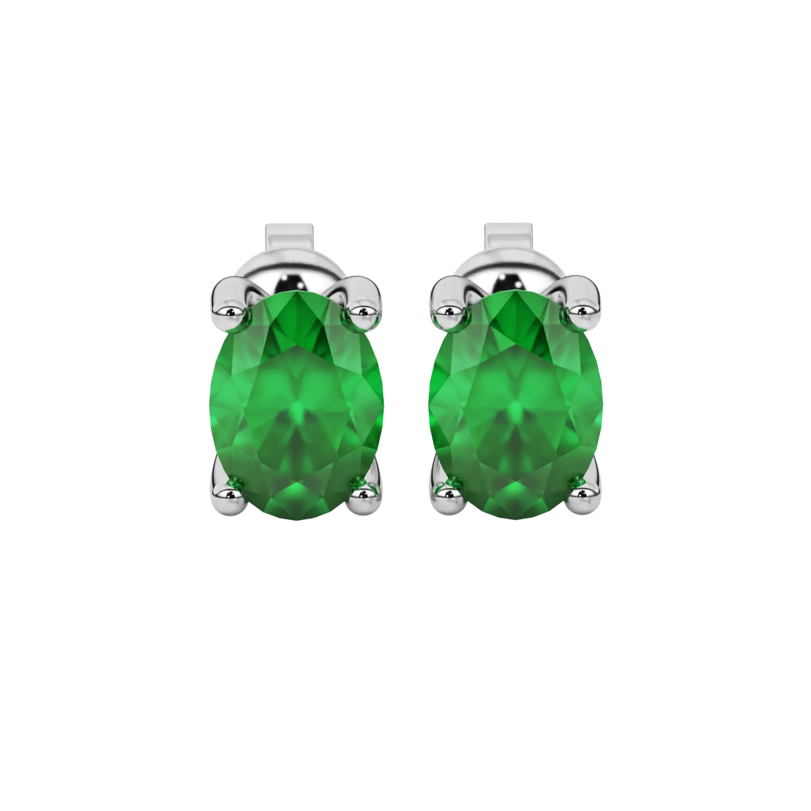 Oval cut emerald green gemstone earrings, white gold four prong setting.