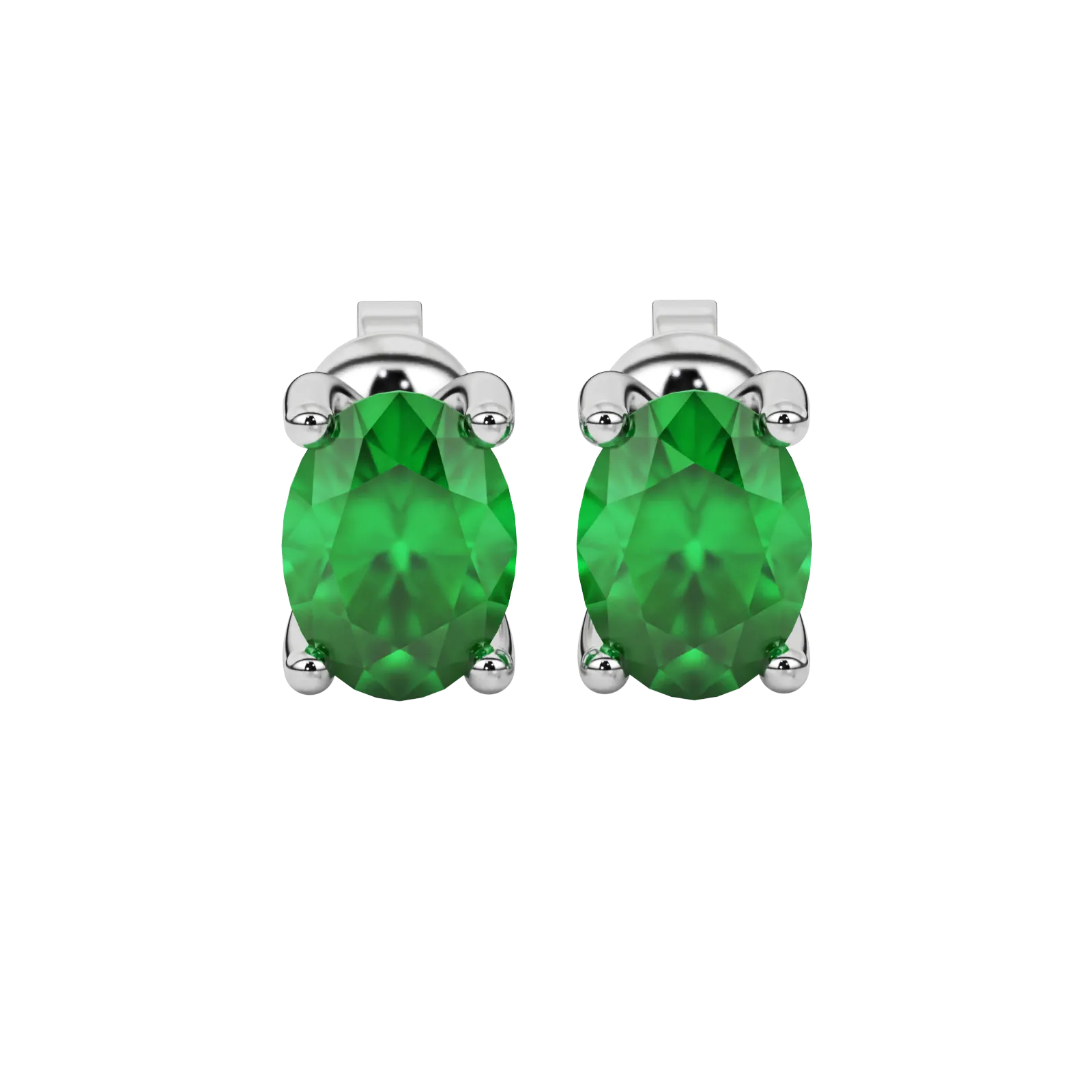 Oval cut emerald green gemstone earrings, white gold four prong setting.