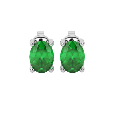 Oval cut emerald green gemstone earrings, white gold four prong setting.