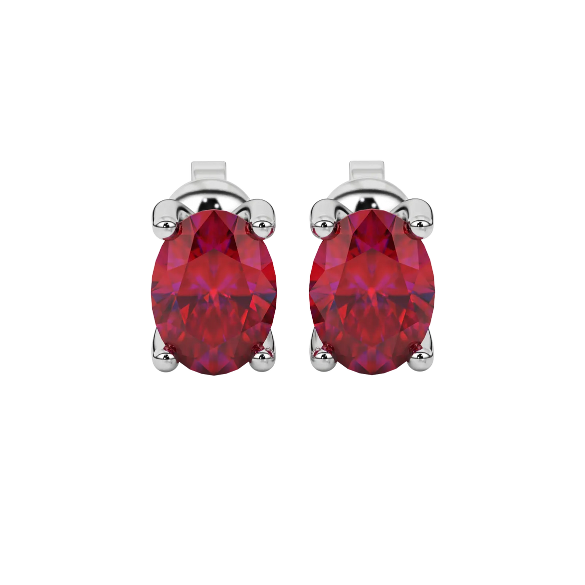 Oval cut raspberry red gemstone earrings, white gold four prong setting.