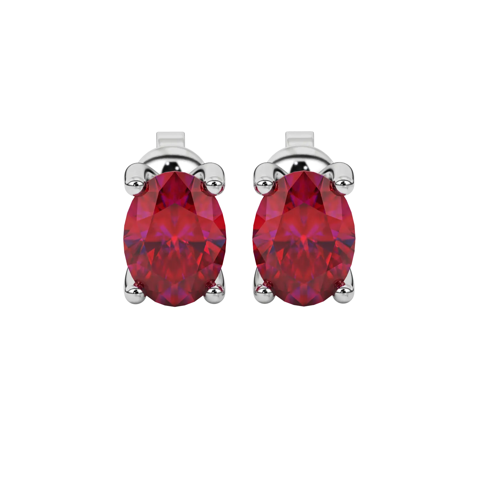 Oval cut raspberry red gemstone earrings, white gold four prong setting.