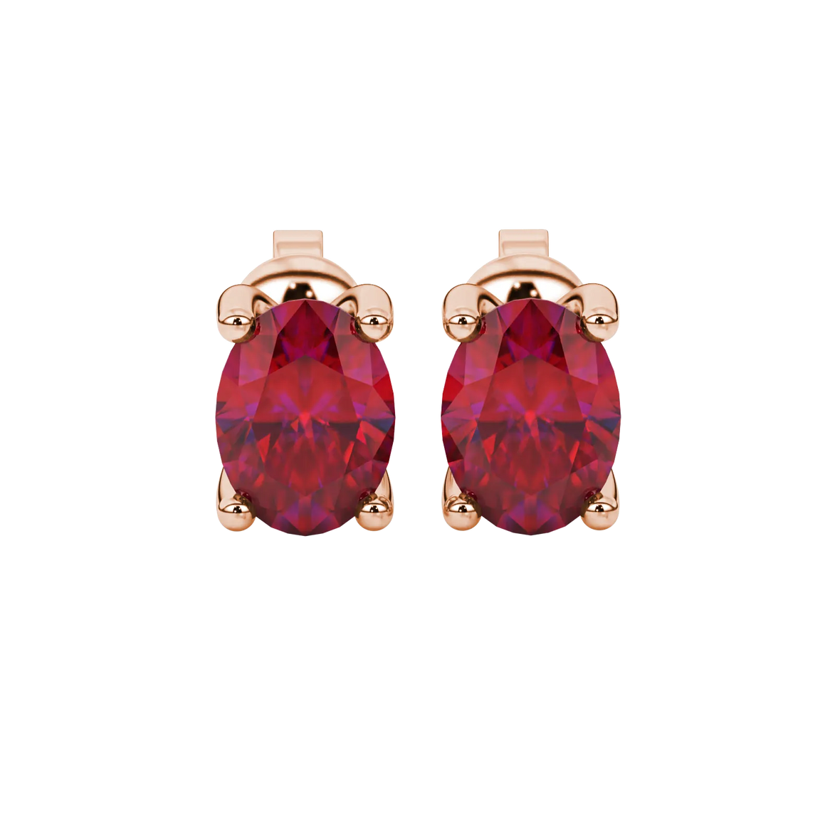 Oval cut raspberry red gemstone earrings, rose gold four prong setting.