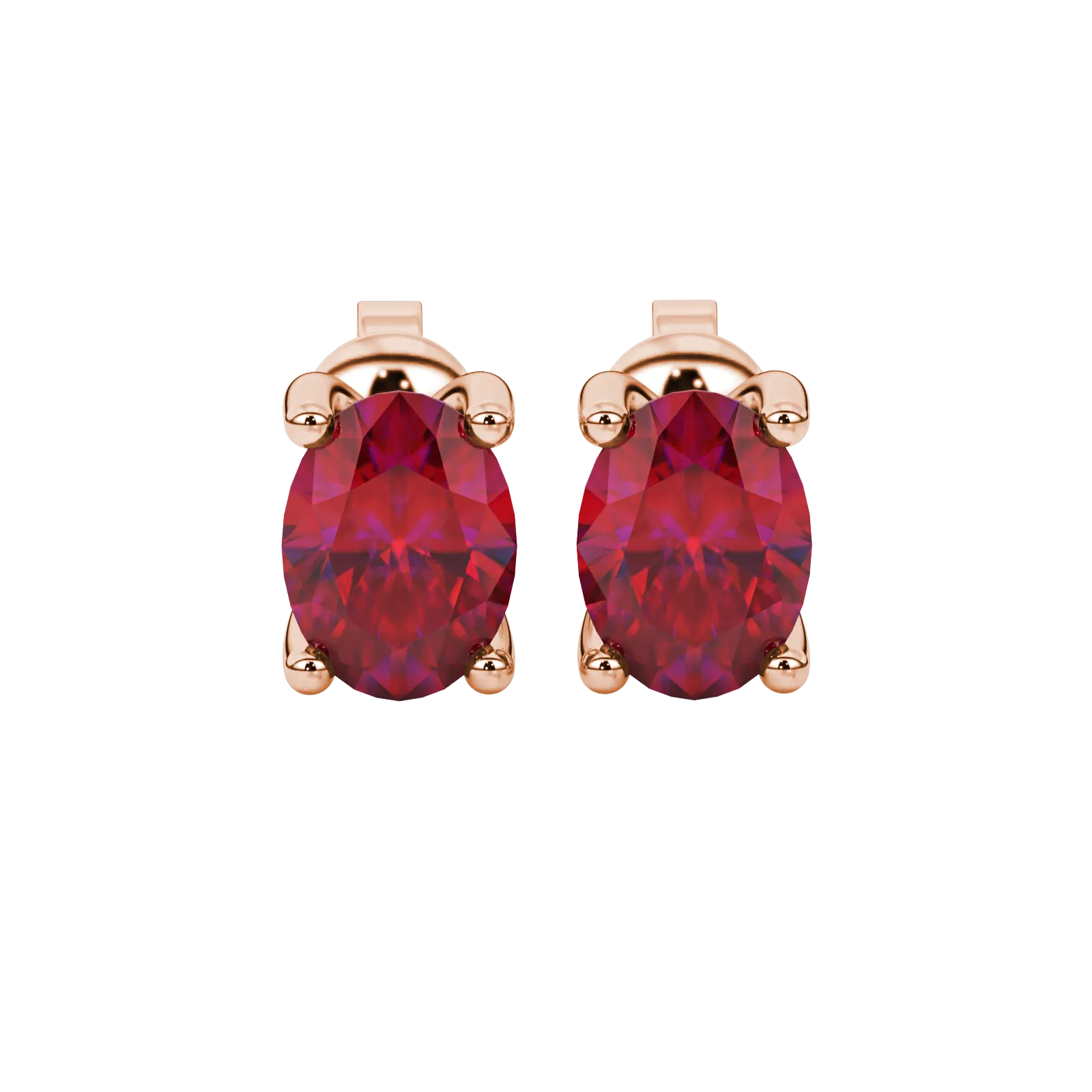 Oval cut raspberry red gemstone earrings, rose gold four prong setting.