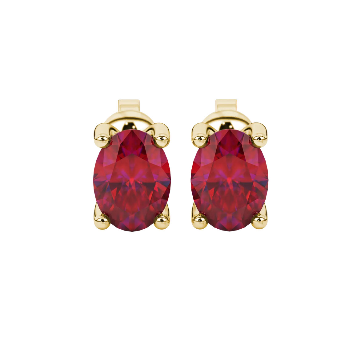 Oval cut raspberry red gemstone earrings, yellow gold four prong setting.