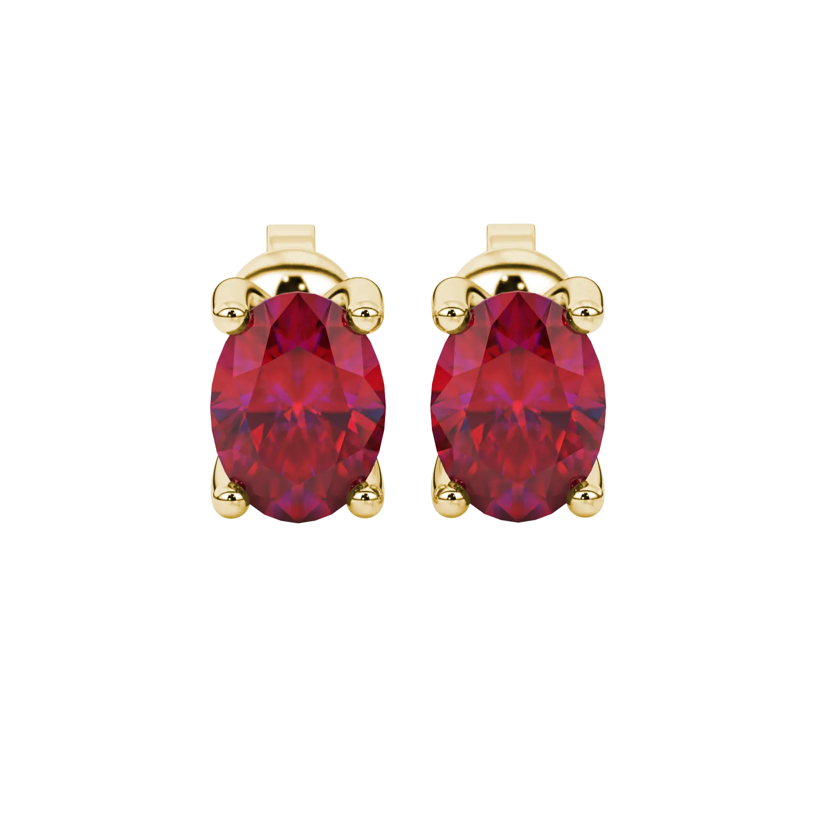 Oval cut raspberry red gemstone earrings, yellow gold four prong setting.