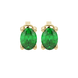 Oval cut emerald green gemstone earrings, yellow gold four prong setting.