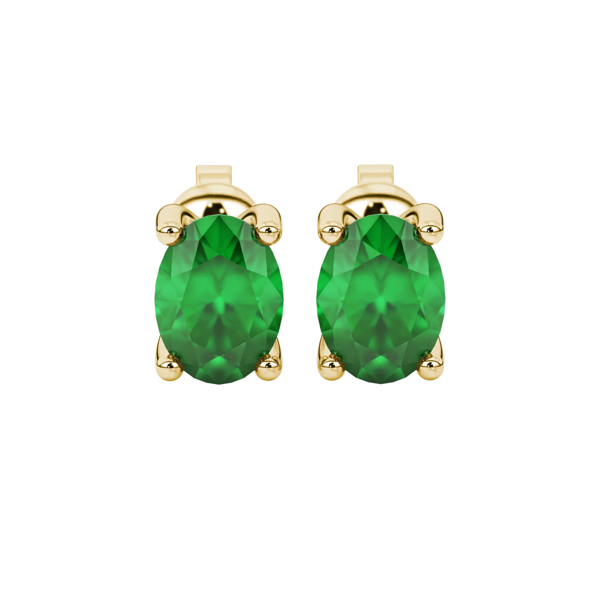 Oval cut emerald green gemstone earrings, yellow gold four prong setting.