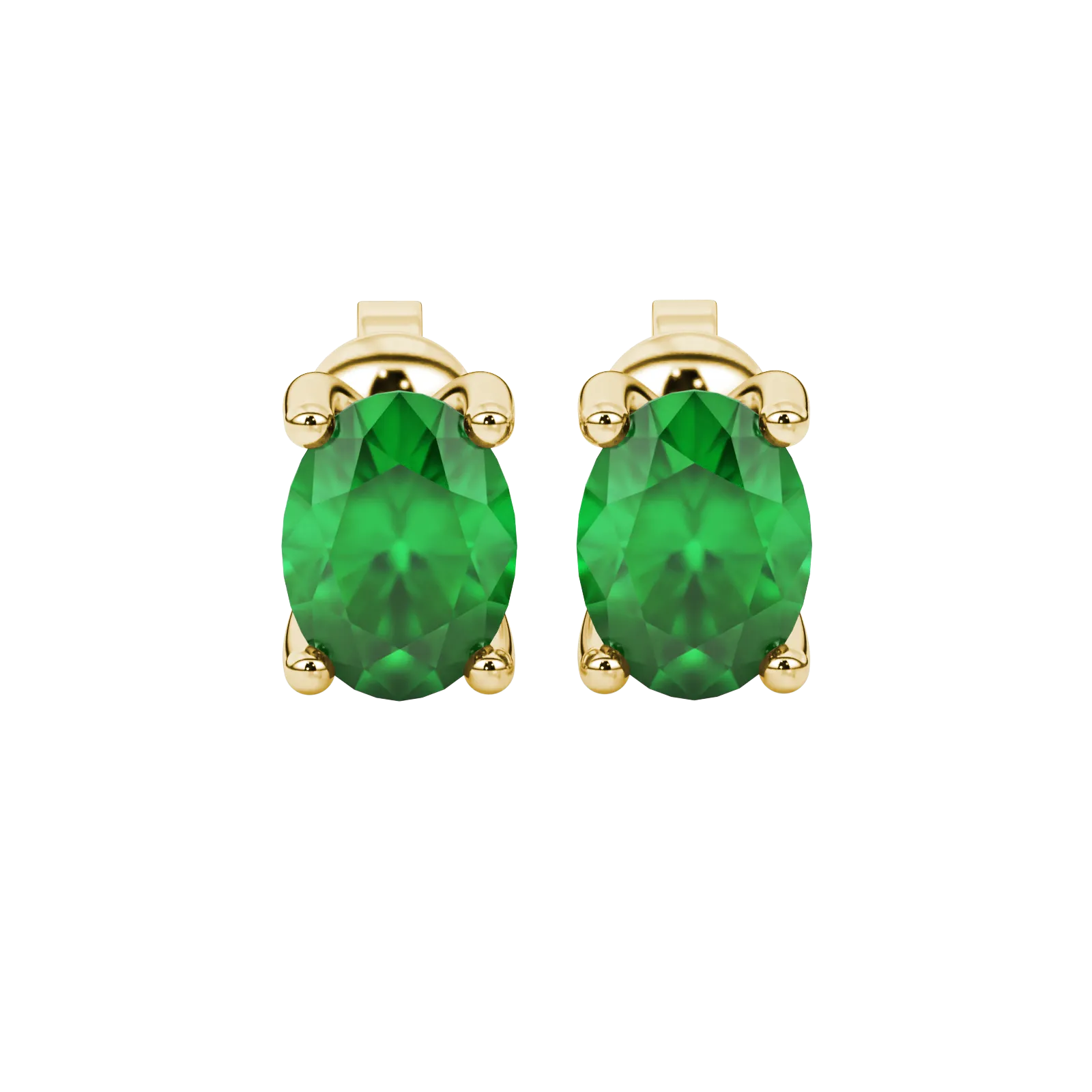 Oval cut emerald green gemstone earrings, yellow gold four prong setting.