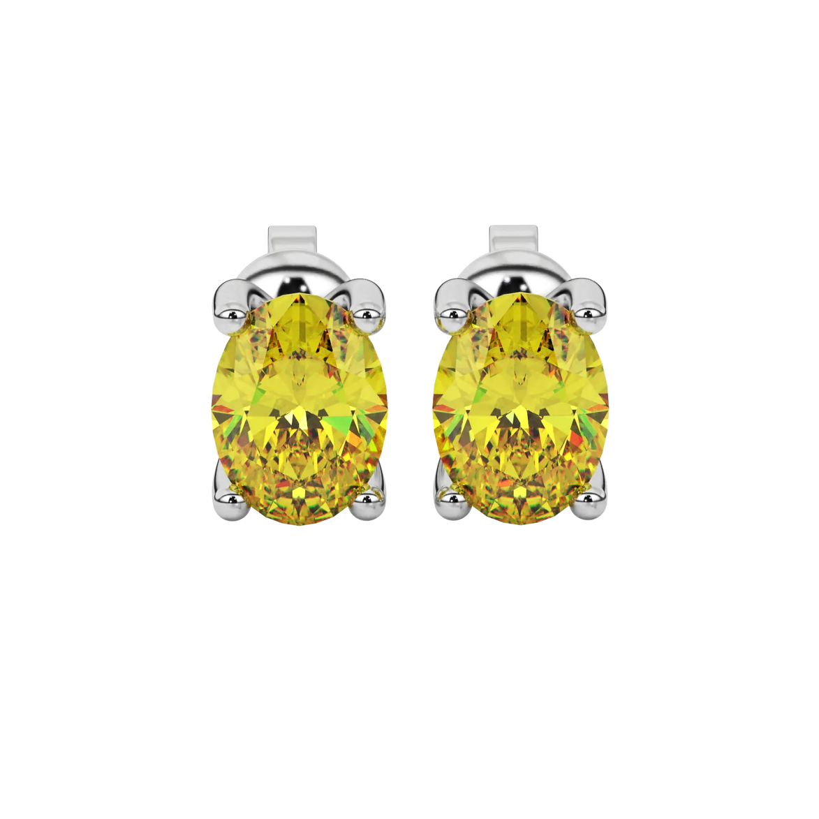 Oval cut canary yellow gemstone earrings, white gold four prong setting.