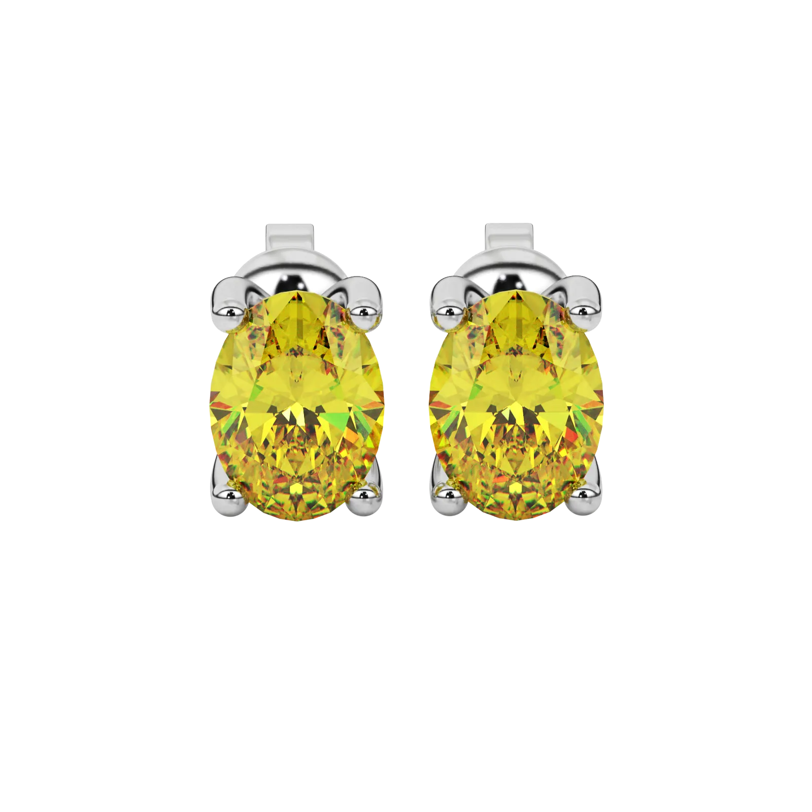Oval cut canary yellow gemstone earrings, white gold four prong setting.